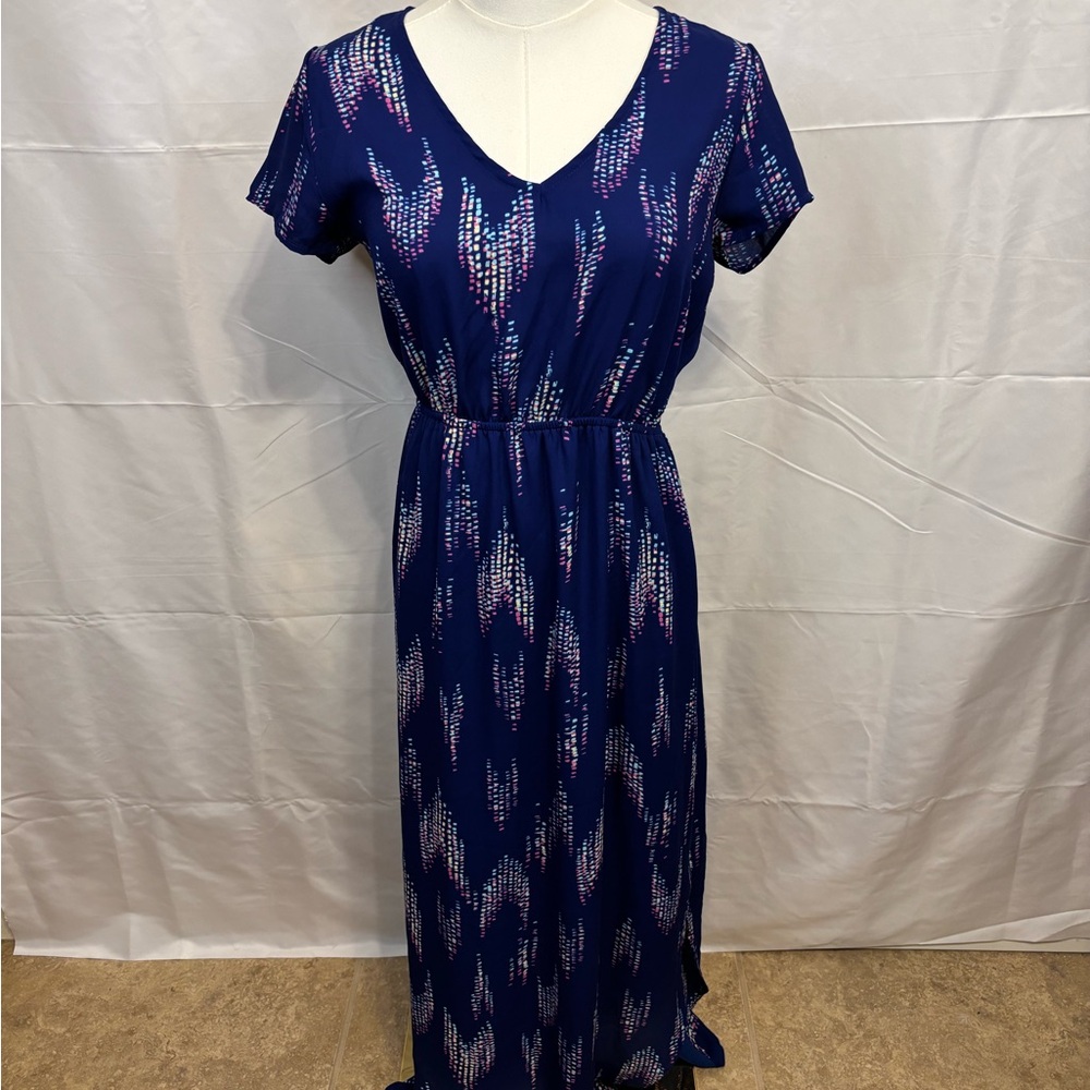 Everly Navy Blue Abstract Print Midi Dress‎ Elastic Waist Short Sleeve